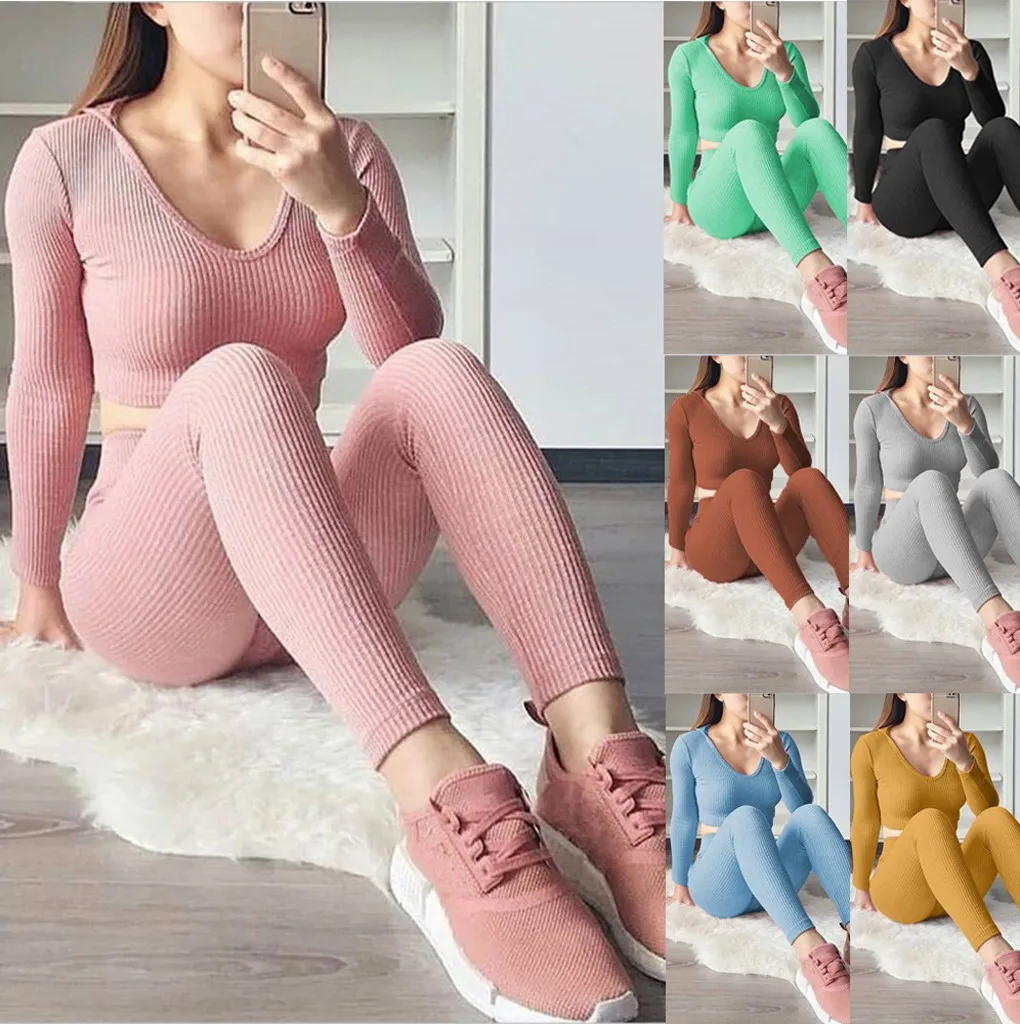 Модный женский спортивный костюм из 2 предметов однотонные Короткие топы с