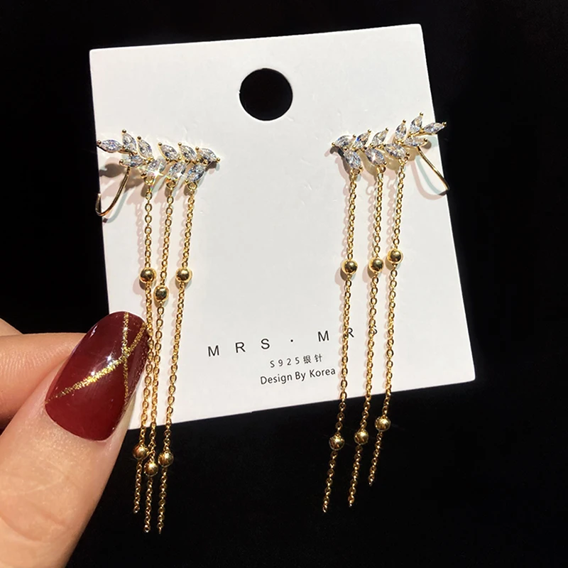 

Korean Fashion Leaf Tassel Clip Earrings for Women Temperament High Quality Jewelry AAA Zircon S925 Needle Party INS Hot Gift