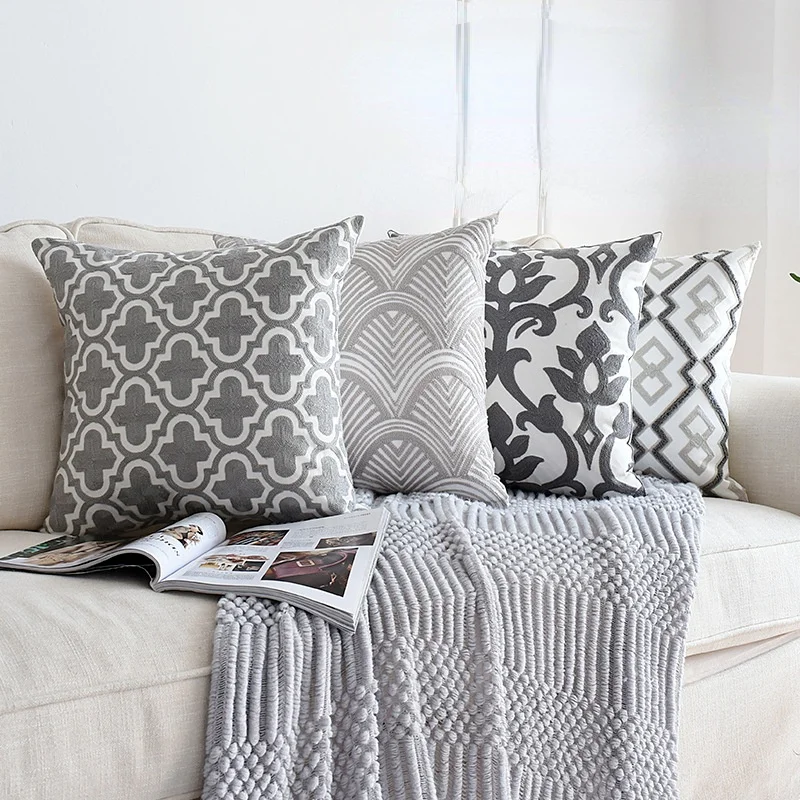 

1pc Nordic Geometric Cushion Cover Emboridered Grey Canvas Cotton Embroidery Pillow Cover Sofa Car Home Decorative 45x45cm