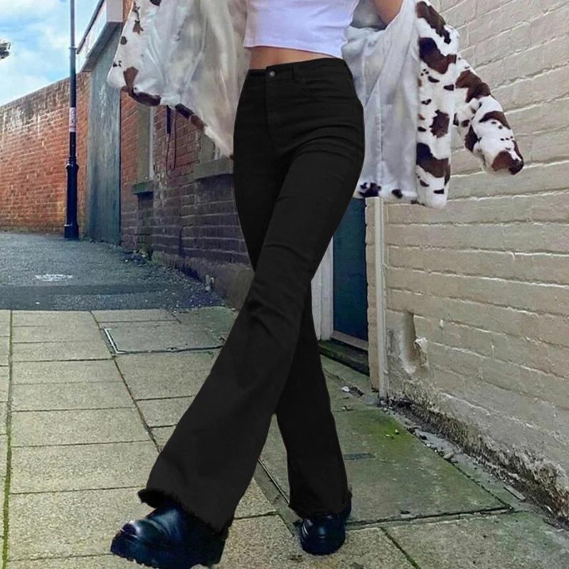 

Casual Solid Y2K Flare Jeans For Girls Female Fashion 2021 Women's Vintage Denim Pants High Waisted Trouser Harajuku Capris