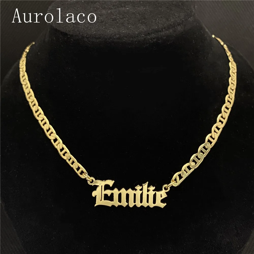 

AurolaCo Personalized Custom Name Necklace Pendant Gold Color Flat day Chain Customized Nameplate Necklaces for Women/Men Gifts