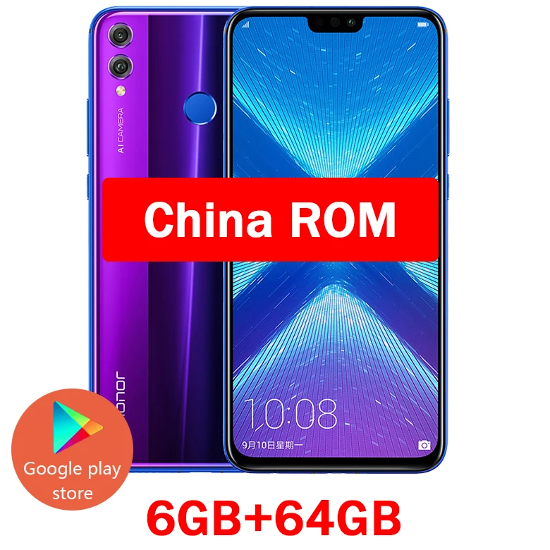 Honor 8X мобильный телефон 6,5 дюймов 1080x2340p FHD экран Kirin 710 Восьмиядерный фронтальная камера 16,0 Мп google play 3750 мАч батарея - Цвет: 6GB 64GB Purple