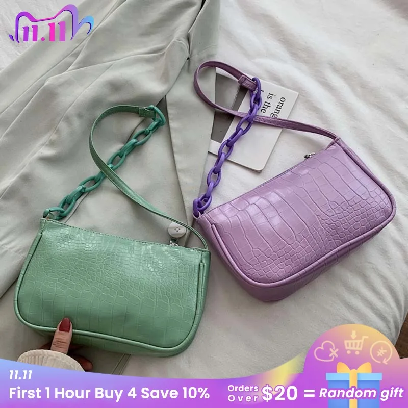 

Candy Color Women Chain Small Shoulder Bags Fashion PU Leather Ladies Baguette Handbags Crocodile Pattern Female Clutch Purse