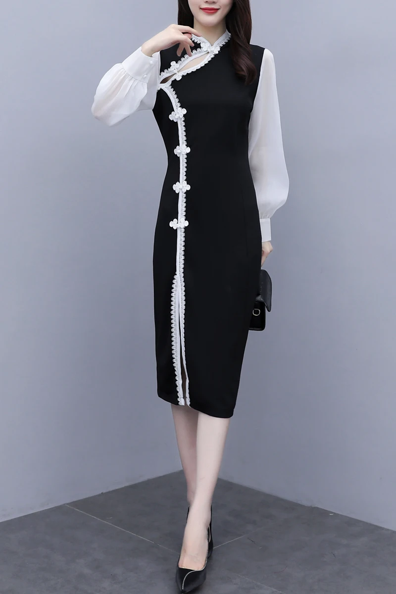 Женское шифоновое платье COIGARSAM черное в стиле пэчворк с длинным рукавом 3XL весна