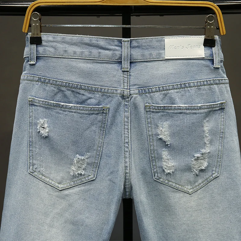 

Men's casual personality hole-breaking denim shorts polyester cotton casual shorts regular pockets knee length