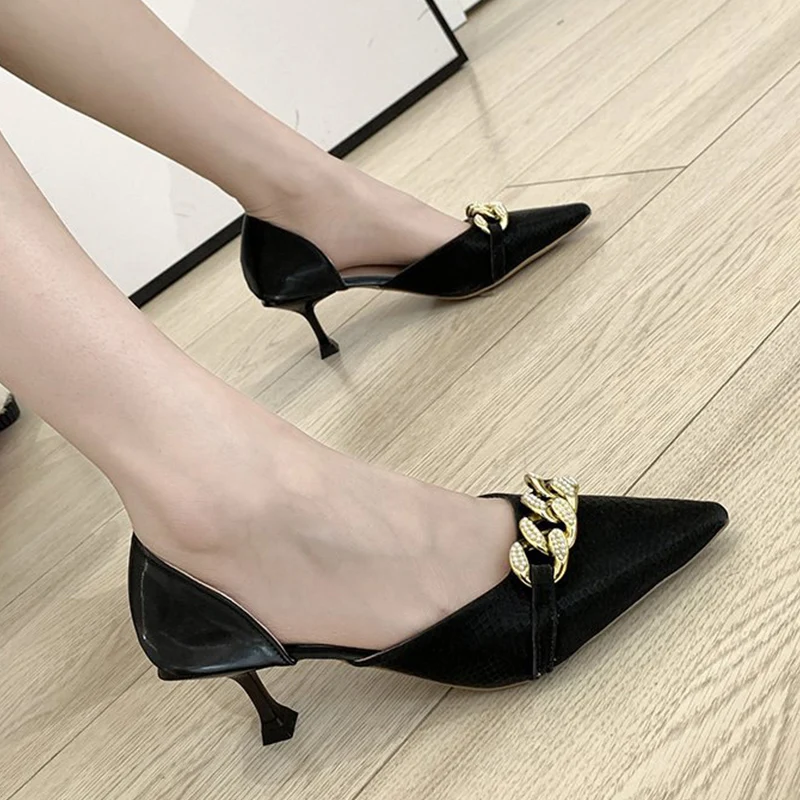 

Summer Women Pumps New Fashion Chain Design Upper Temperament Elegant Office Pointed Convenient Solid Color Slip-on Woman Shoes