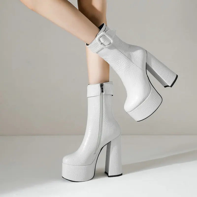 

Ladies Stone Pattern Mid Calf Boots Spring Autumn Platform Super High Heel Short Boots Winter Fashion Belt Buckle Women's Shoes