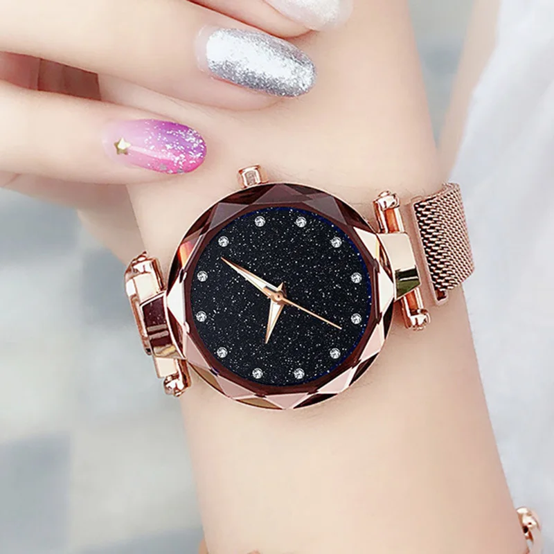 Фото Роскошные женские часы новинка 2019 со звездным небом кристаллами магнитные