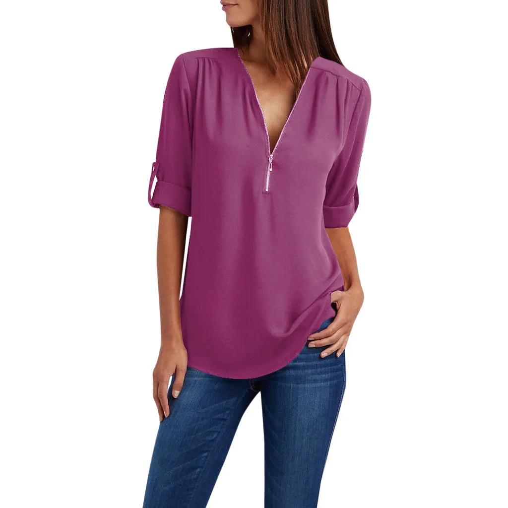 

Women Chiffon Blouse Shirt Chemise Femme V-neck Roll Up Sleeve Zipper Tunic Tops Ropa Mujer топик женский 5xl Plus Size 2021