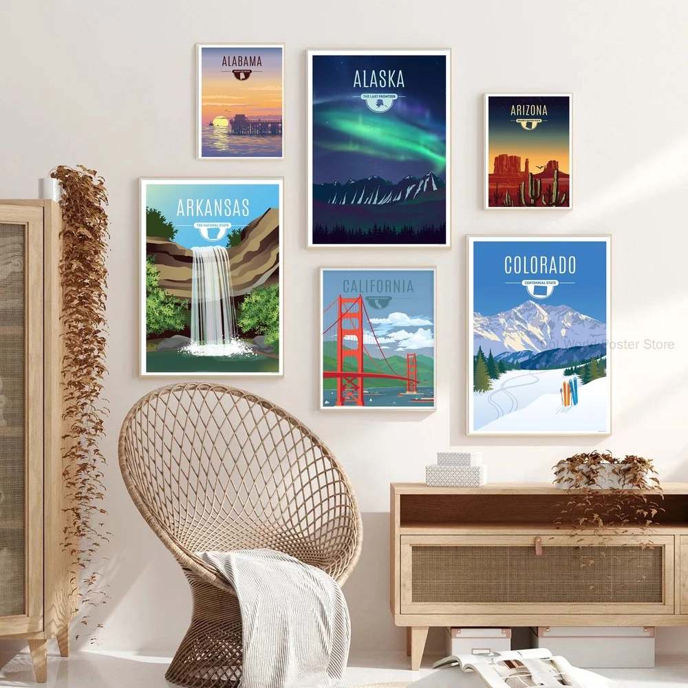 

Объединенная Алабама, Аляска, Аризона, Арканзас, Калифорния, карта Колорадо, Современная Минималистичная художественная карта, плакат