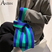 Women's Winter Japanese Knot Casual Color Wide Stripe Handbag Knitted Shoulder Bag Student Capacity 