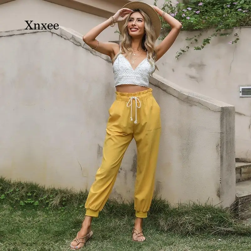 

2021 Summer Women's Pants Solid Color Yellow Cotton Trousers Drawstring Loose Harem Pants Ladies Casual Leggings