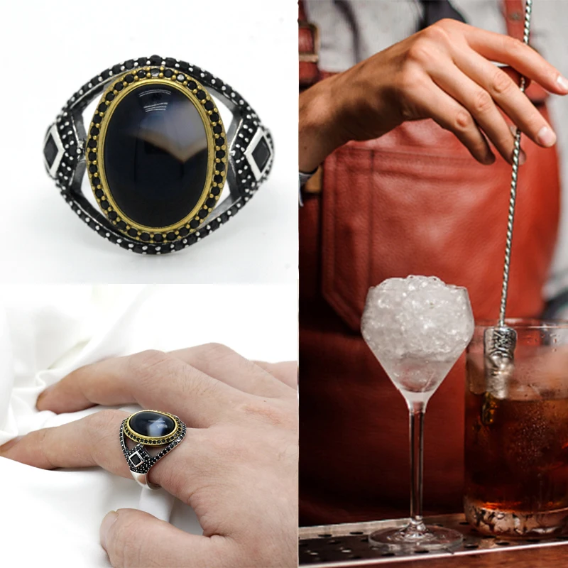 925 пробы серебряные кольца для мужчин натуральный агат/CZ камень ретро панк стиль