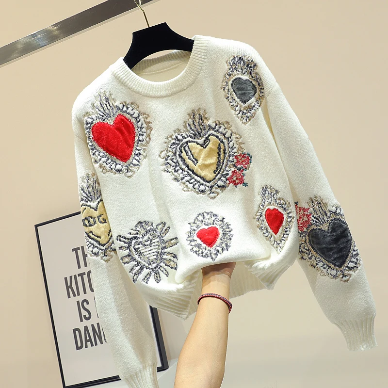 2020 Elegant Sweater Women Casual Fashion Warm Loose Sweaters and Pullovers Love Embroidery Knit Jumper Sueter Mujer Hot | Женская