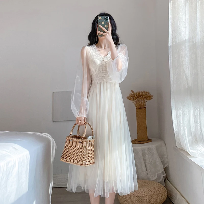 

summer dresses woman 2022 Spring Elegant A-Line Super Fairy Fairy Forest Solid Puff Sleeve Empire V-Neck Ladies Net yarn Dresses