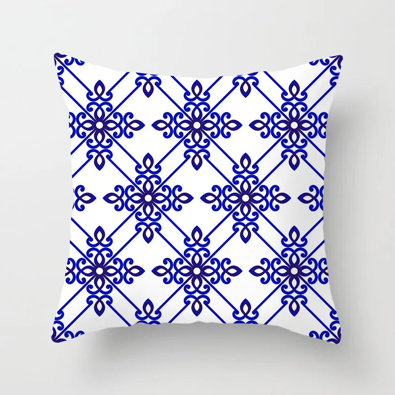 

Printed Peach Blossom Leather Pillow Covers Customized Blue and White Porcelain Sofa Cushion Covers Office Waist Pillow Covers