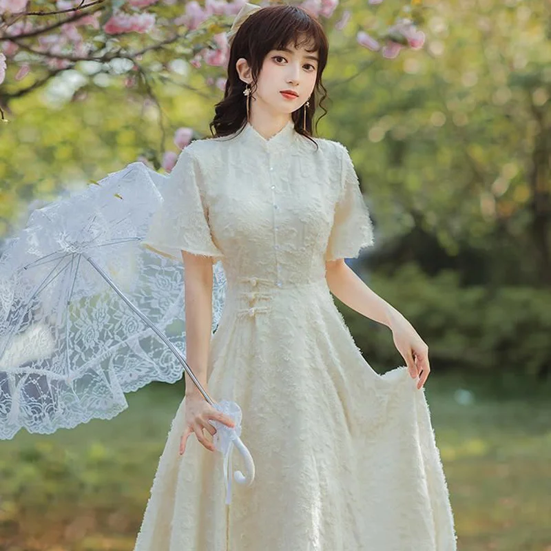 Китайское ретро платье Ципао Новинка лета 2021 элегантное Стильное однотонное