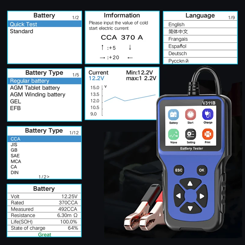 AWESAFE V311B 12 В тестер автомобильного аккумулятора анализатор заряда 2000CCA измеритель