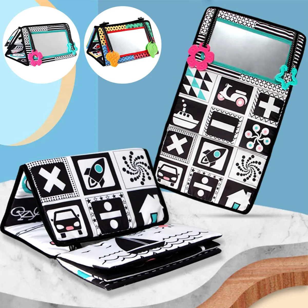 

Tummy Time Floor Mirror Developmental Baby Cloth Book w/Teethers High Contrast Black and White Baby Toys Montessori Sensory