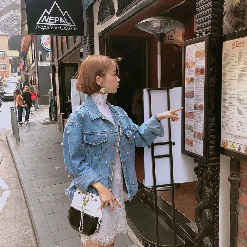 Женская джинсовая куртка с жемчужинами надписью Love в стиле Харадзюку весна-осень