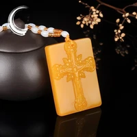 natural yellow dragon jade hand carved cross pendant fashion boutique jewelry men and women jesus cross necklace gift accessorie