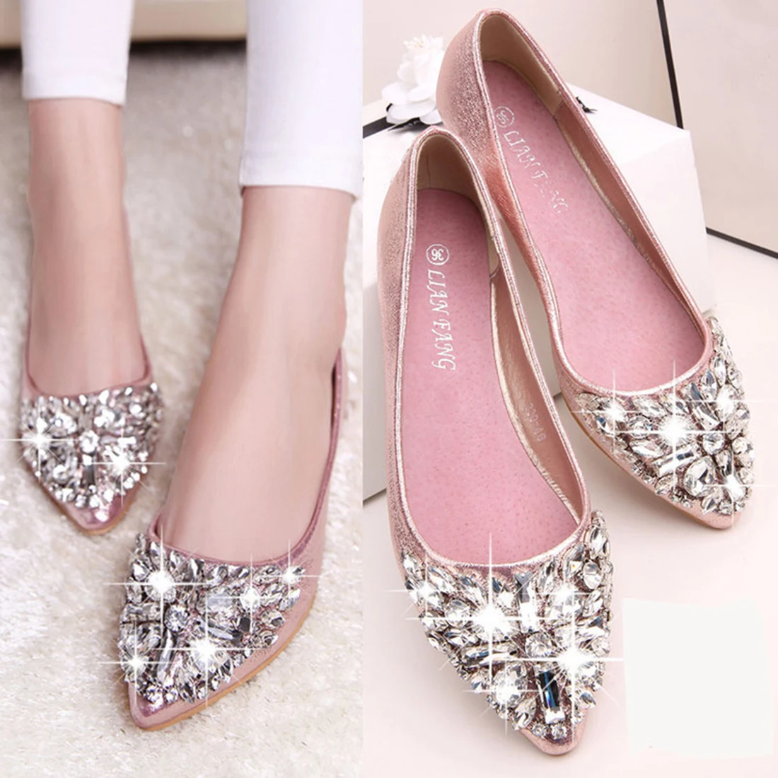 

New Rhinestone Pointed Toe Women's Shoes Causal Fashion Work Flat Shoes Slip-On Single Shoes Sequin Wedding Shoes