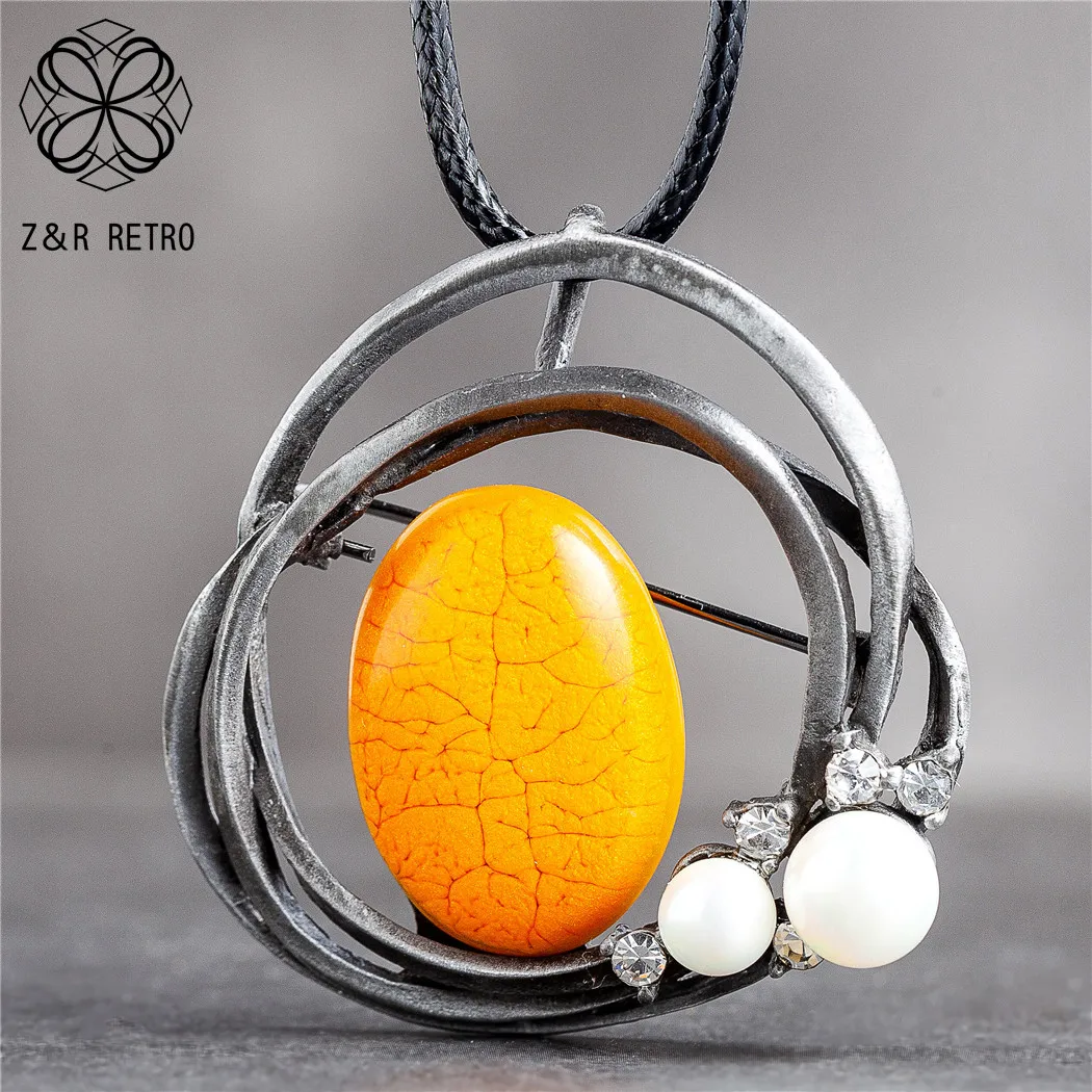 Женское длинное ожерелье с бусинами Винтажное колье оранжевого цвета подвеской