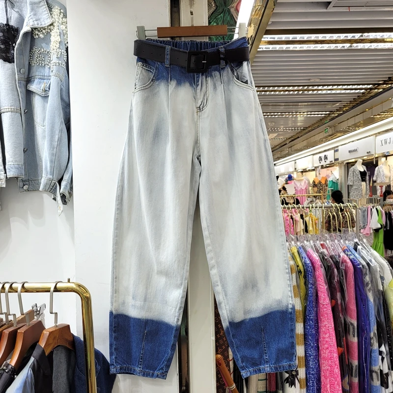 

Gradient Denim Pants Women Contrast Color Casual Harem Pant Femme 2021 Autumn New High Waist Loose Jeans Streetwear