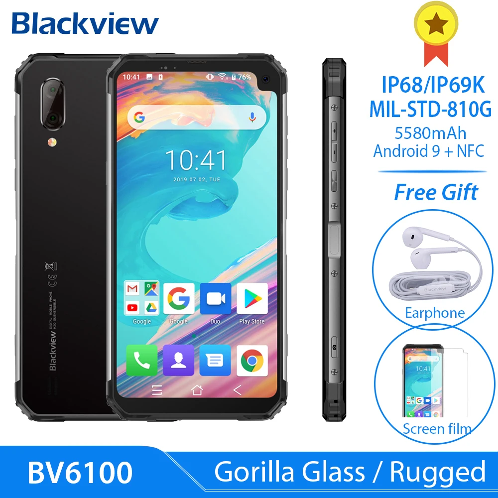 Blackview BV6100 Android 9,0 мобильный телефон 6,8" смартфон с большим экраном IP68 MT6761 Восьмиядерный 3 ГБ+ 16 Гб 5580 мАч NFC прочный мобильный телефон