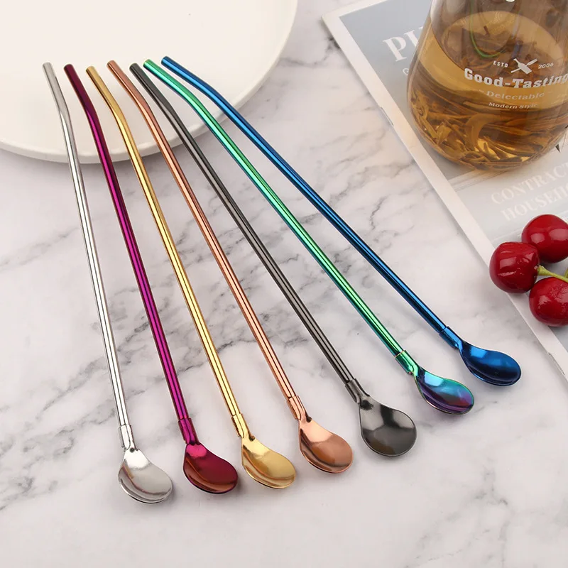 

Reusable Long Straw Spoon Portable Tea Scoop Multicolor Stainless Steel Straw Bar Cocktail Coffee Stirring Drinking Spoon 7+2pcs