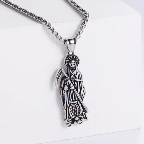Винтажное ожерелье в стиле хип-хоп, из нержавеющей стали, для мужчин и женщин, с изображением Святой смерти, Санта Муэрте, Череп Байкер подвеска