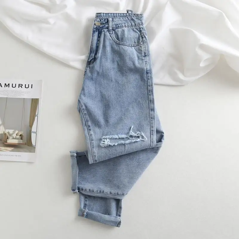 

Korean Flabby Light Blue Ripped Pants Button Hole High Waist Loose Casual Pencil Women's Jeans Trousers Denim