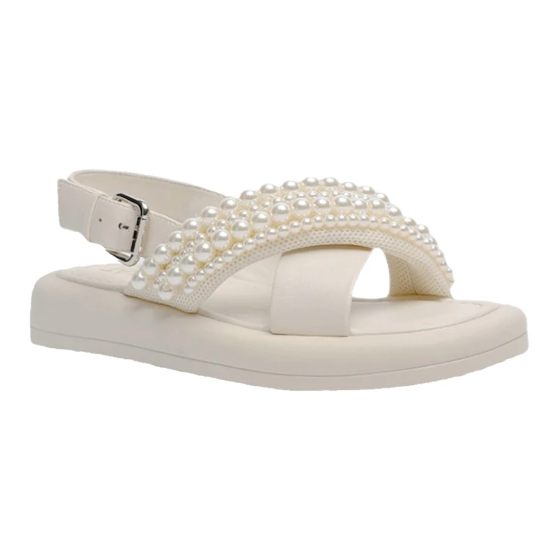 

Pearl Back Strap Flat Platform Sandals 2021 Summer Peep Toe Evening Leisure String Bead White Gladiator Sandalias Mujer Shoes