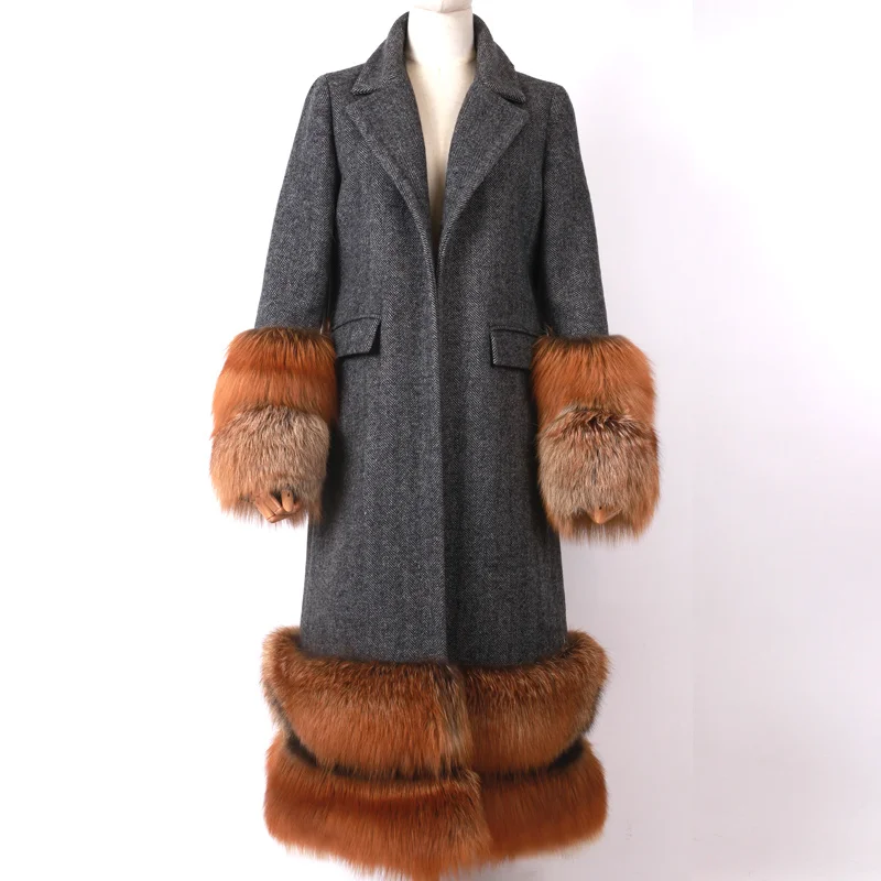 

SHZQ Ladies Woollen Coat Women 100% Wool Coat Fox Fur Sleeve and Bottom