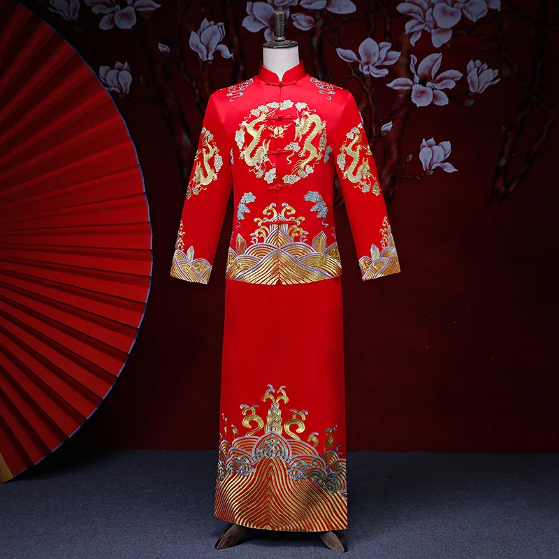 

Traditional red Chinese Wedding clothing Vintage Groom Cheongsam Satin Qipao Embroidery Dragon Costume Vestido Oriental Mens