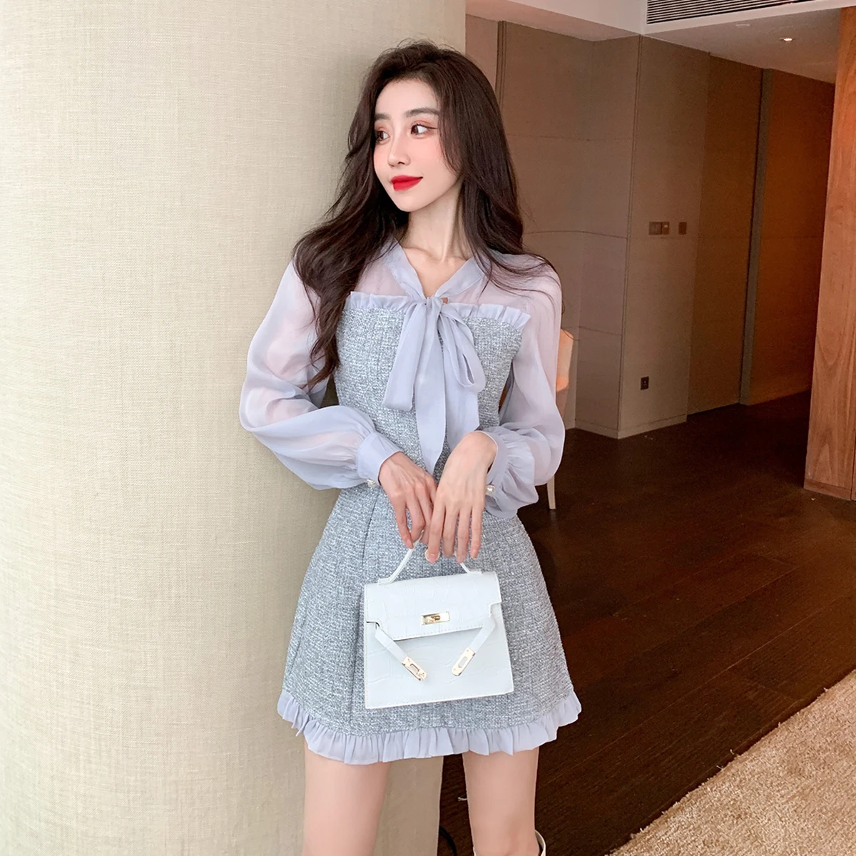 

French Style Fall Women's Clothing Korean Style Temperament Slim Fit Waist-Controlled Slimming Small Fashion Design Sense Long