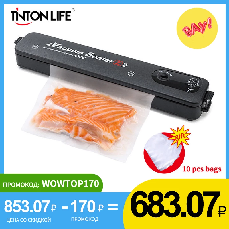  Вакуумный упаковщик TINTON LIFE 17x25 см, бытовой черный пищевой вакуумный упаковщик, 220 В/110 В, 10 бесплатных вакуумных пакетов 