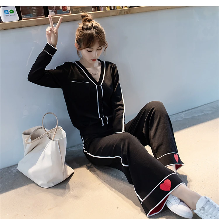 

Women Sweater Two Piece Knitted Sets Slim Tracksuit 2020 Autumn Fashion Single-Breasted Knit Top Black Chic Wide Leg Pants Suit