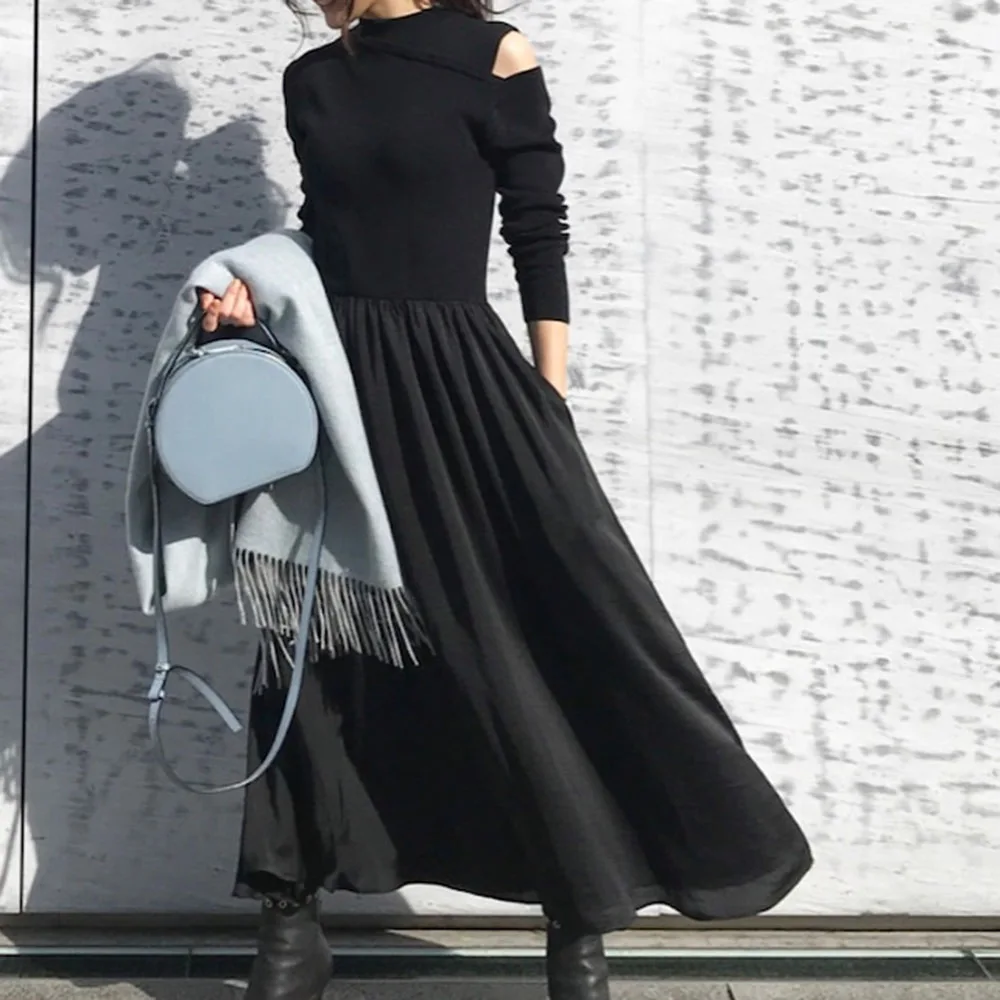 

Женское трикотажное платье-свитер, Элегантное повседневное свободное платье-пуловер черного цвета с длинным рукавом и вырезами в Корейско...