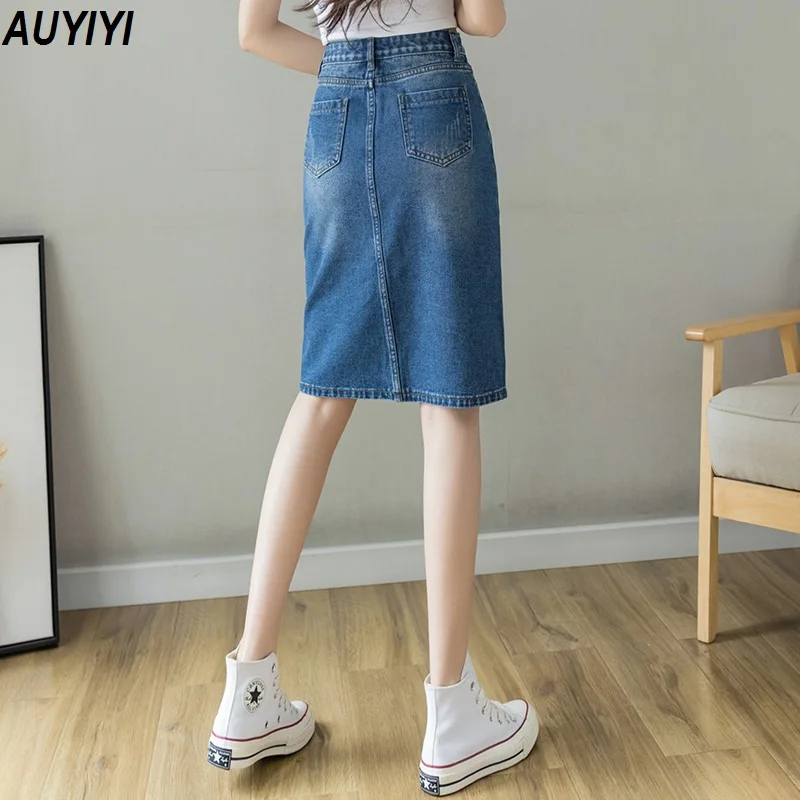 

AUYIYI Fashion All-Match Denim Skirt Women's Early Autumn 2021 New High Waist Skirt Mid-Length Slits And Thin A-Line Skirt