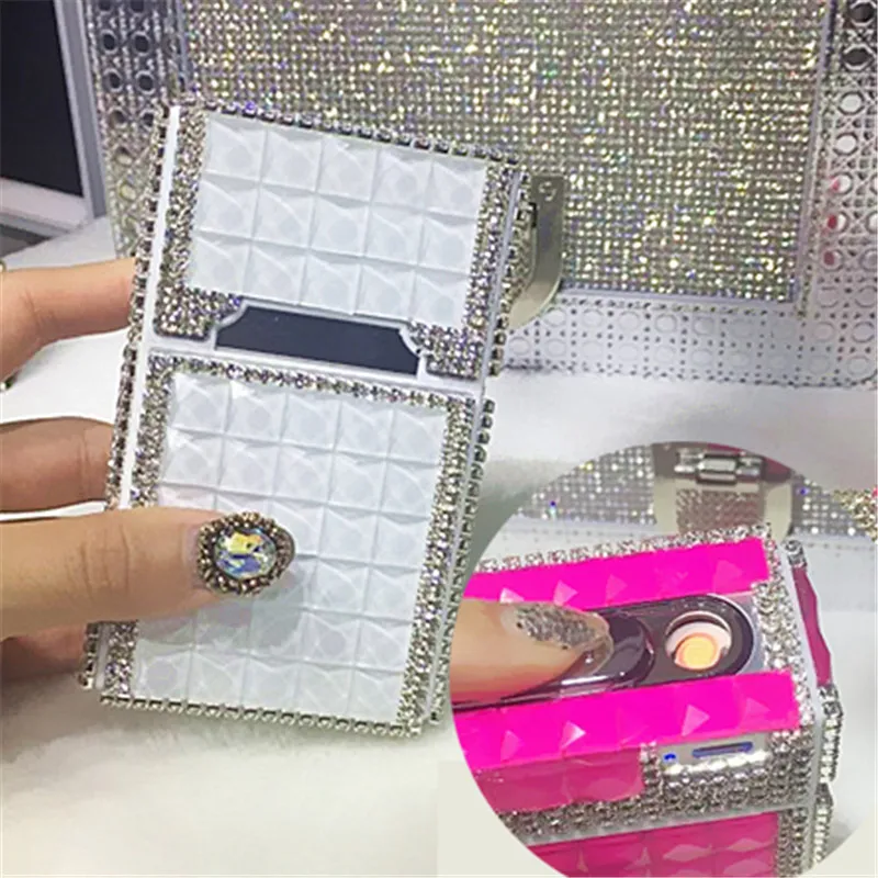 

Handmade Rhinestone Metal Cigarette Case with USB Rechargeable Lighter Tobacco Accessories Smoking Accessories Fashion Girl