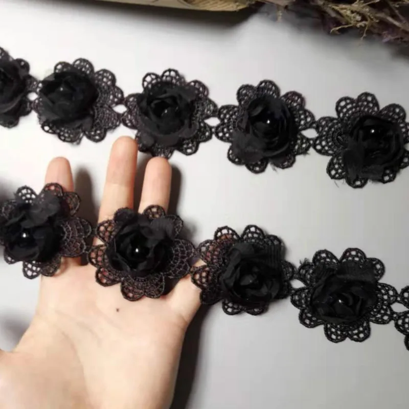 10X Черная 5 см жемчужная 3D Цветочная кисточка кружевная отделка Лента тканевая
