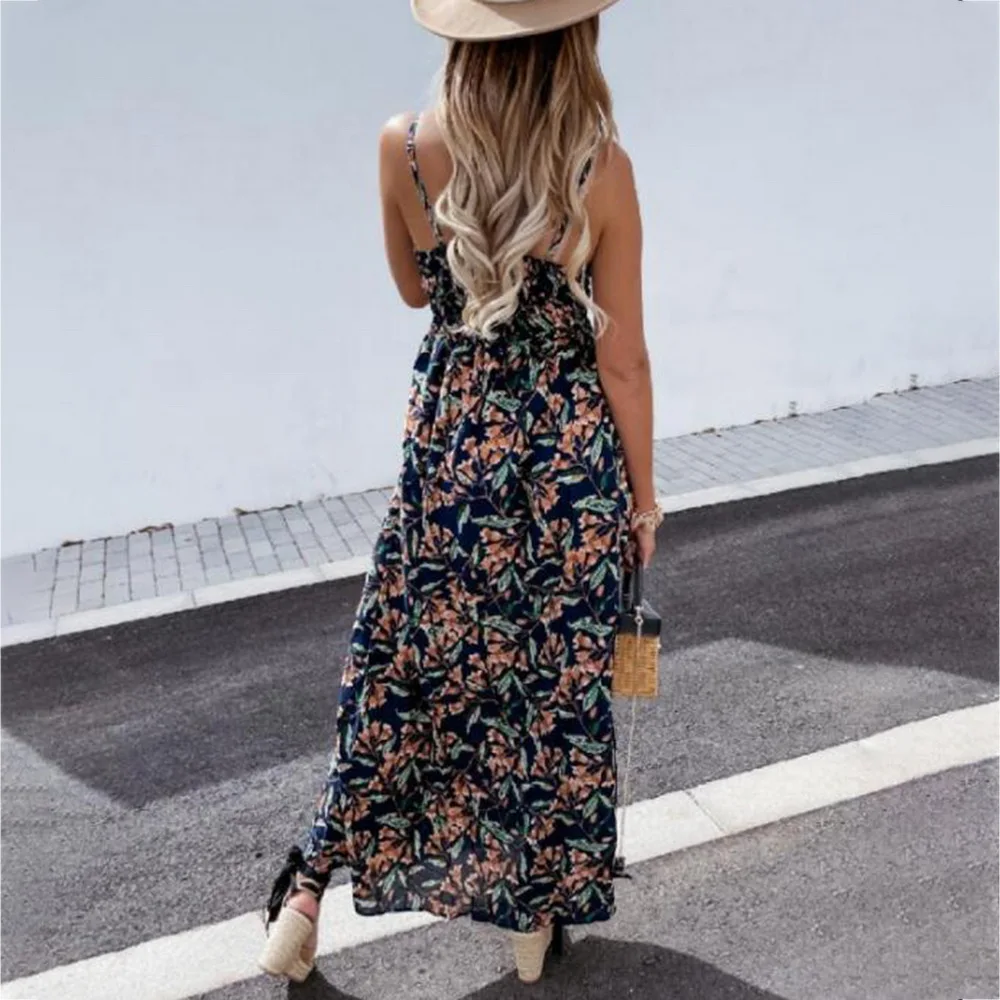 

Vintage Sleeveless Boho Floral Dress Elegant Women Summer Off Shoulder V-Neck Beach Dresses Casual Ladies Sleeveless Long Dress