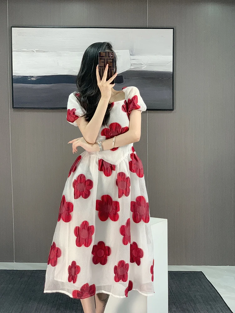 

2021 Summer New French Retro High Waist Midi Dress Fairy Sweet Chic Design Women's Dress Fashionable Slim Temperament Dress