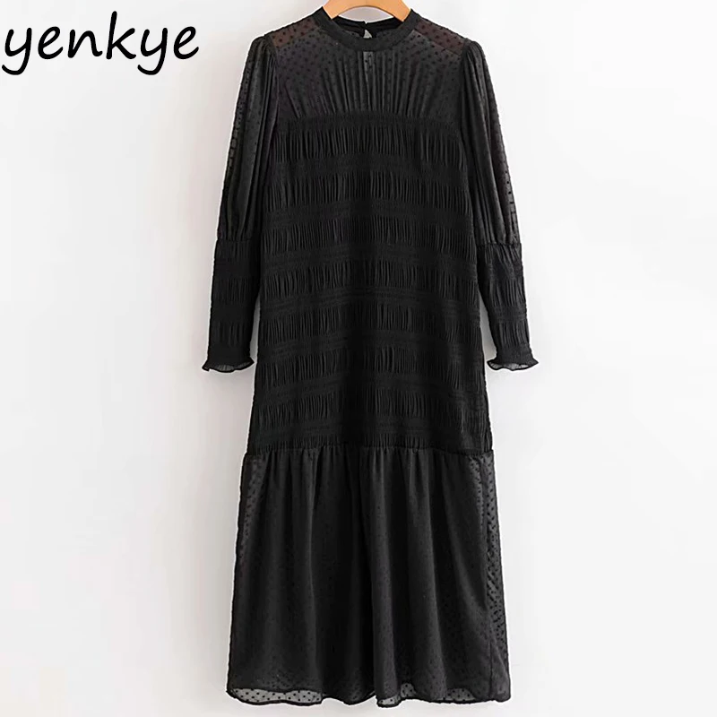 Женское платье с длинным рукавом Винтаж черный пунктирная плиссированная