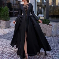 temperament black high split mother of bride dresses applique long sleeves women formal evening gown robe de soir%c3%a9e femme