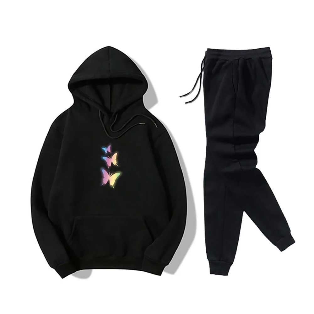 

VICABO Butterfly Print Women Running Sets Hoodies Top Black Long Pants Tractsuit Sets Fitness Ladies Sportswear 2PCS Set#W