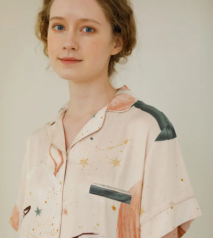 Пижама женская хлопковая с коротким рукавом и принтом звездного неба | Женская