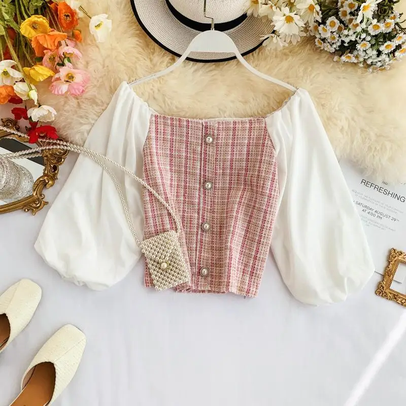 2019 Новая мода Женская французская ретро квадратный воротник Топы тонкие пышные