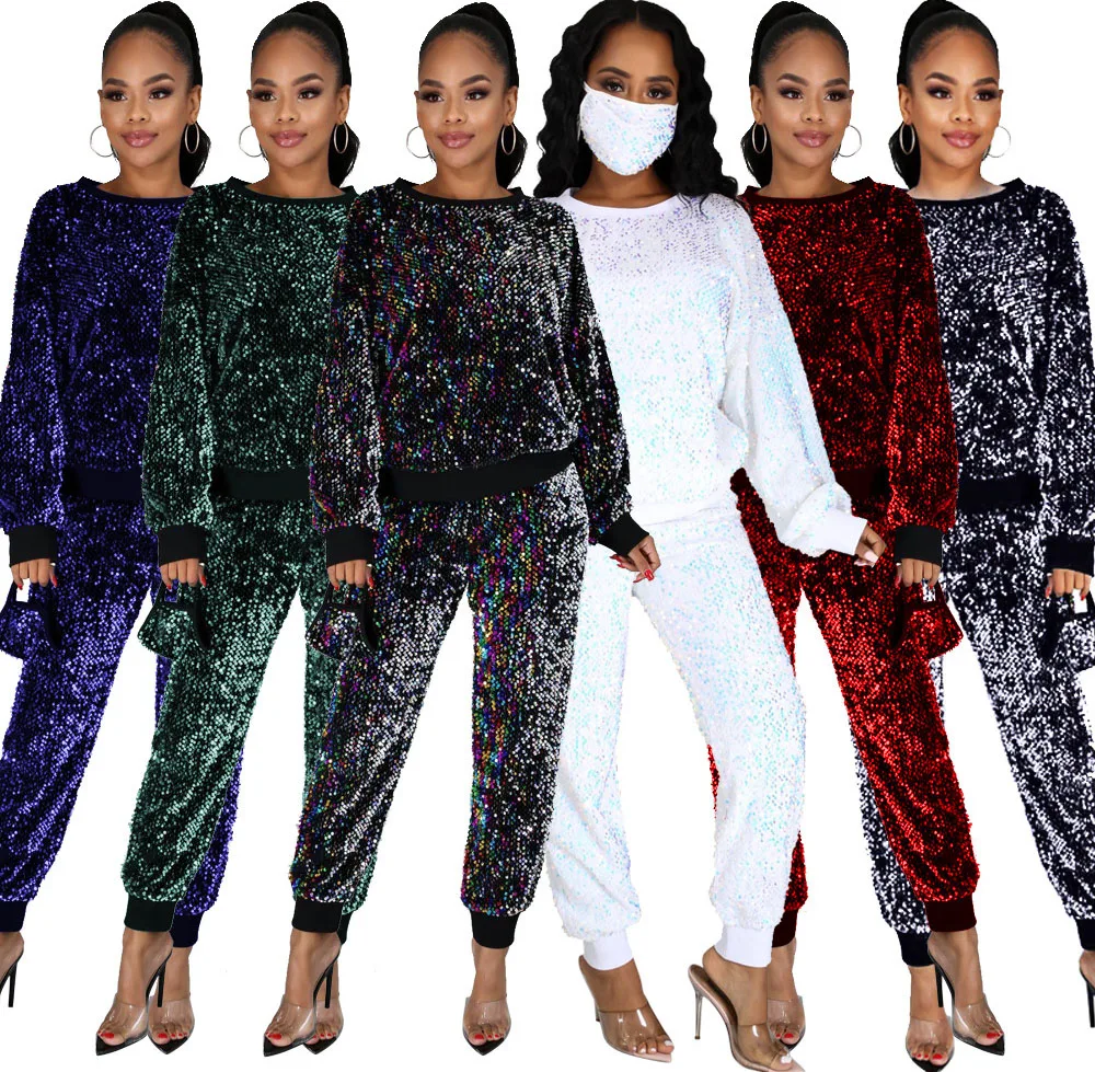 Womens Autumn And Winter Long-Sleeved O-Neck Shiny Pullover + Casual Sequined Trousers Street Casual Plus Size Solid Color Suit